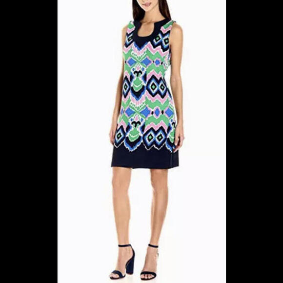 Gabby Skye Geometric Print Sheath Dress Size 12 Green Blue Pink - Picture 2 of 10
